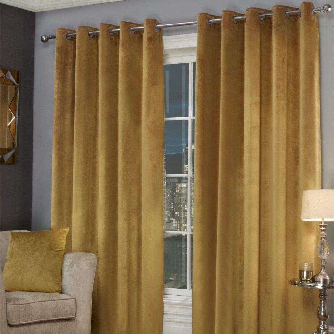 Pair of Gold Velvet Grommet Curtains Eyelet Bedroom Velvet Etsy