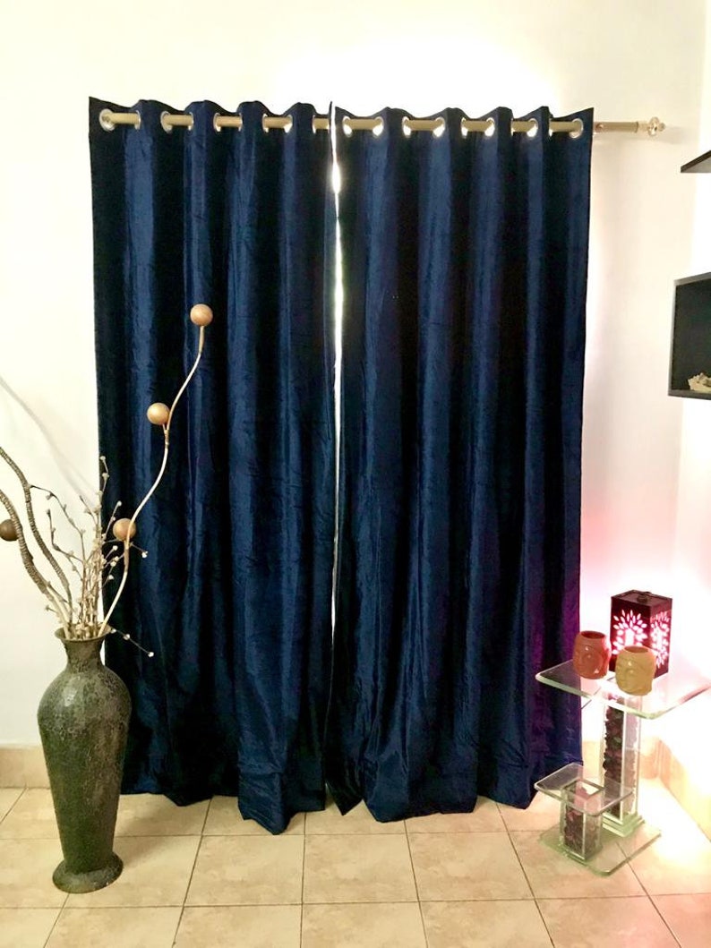 Pair of Navy Blue Velvet Grommet Curtains Eyelet Bedroom Etsy