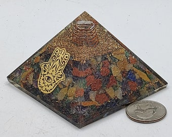 Mixed Gemstone Orgonite Pyramid with Golden Hamsa Hand Symbol Meditation Yoga