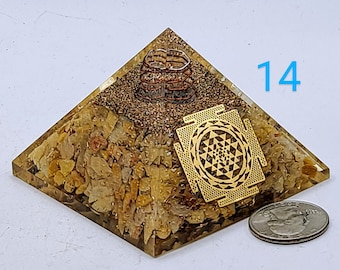 Golden Healer Orgonite Pyramid with Golden Sri Yantra Symbol Meditation Yoga