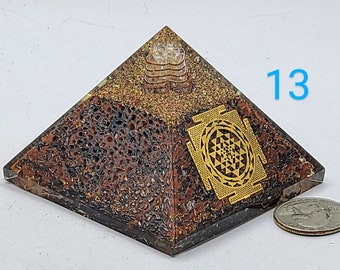 Mahogany Obsidian Orgonite Pyramid with Golden Sri Yantra Symbol Meditation Yoga