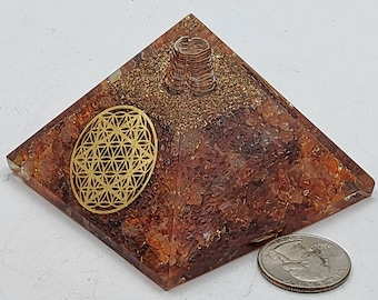 Carnelian Orgonite Pyramid with Golden Star Flower of Life Symbol Meditation Yoga