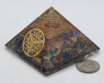 Mixed Gemstone Orgonite Pyramid with Golden Flower of Life Symbol Meditation Yoga