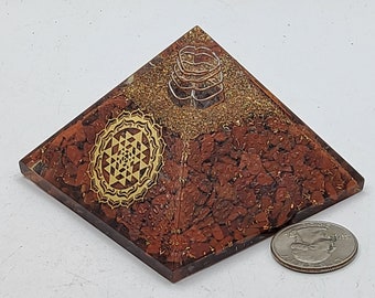 Red Jasper Orgonite Pyramid with Golden Sri Yantra Symbol Meditation Yoga