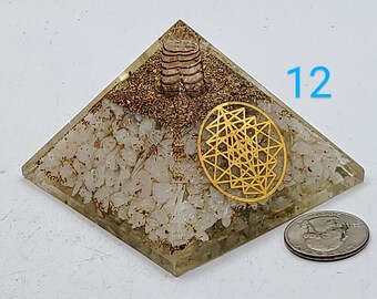 Quartz Orgonite Pyramid with Golden Sri Yantra Symbol Meditation Yoga