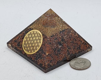 Mahogany Obsidian Orgonite Pyramid with Golden Flower of Life Symbol Meditation Yoga