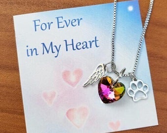 Rememberance Heart Pet Necklace Aurora Borealis Paw Print Angel Wing