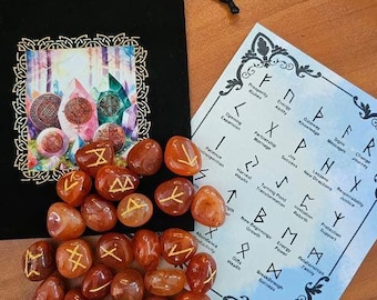 Carnelian Runes with Chart, Birthday Gift for Mom, for Crystal Lover, Rocks Minerals, Wiccan Pagan, Orange Agate Stones