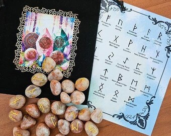 Sunstone Runes with Chart, Birthday Gift for Mom Crystal Lover, Rocks Minerals, Wiccan Pagan, Stocking Stuffers