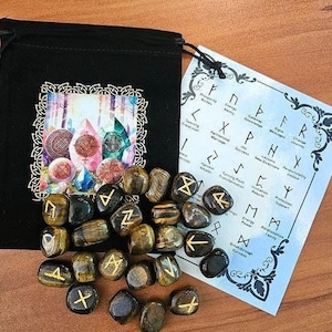 Tiger Eye Runes with Chart, Birthday Gift for Mom Crystal Lover, Rocks Minerals, Wiccan Pagan, Stocking Stuffers