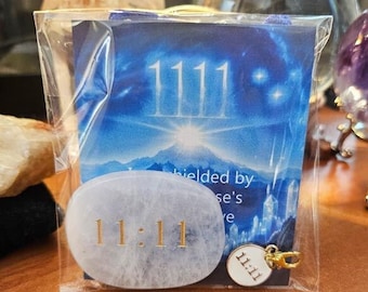 11:11 Protection Set Clear Quartz Engraved Palm Stone & Purse or Bracelet Charm Best Friend Gift