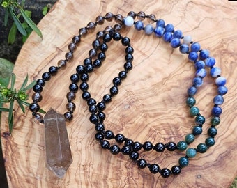 Smokey Quartz Point Prayer Beads Hand knotted 108 Mala Sodalite Moss Agate Gift for Best Friend Mom Sister