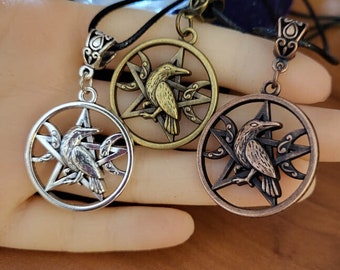 Crow Pentacle Pendant Necklaces Pentagram Birthday Gift for Best Friend Wiccan Pagan