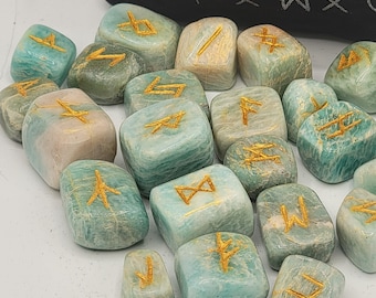 Amazonite Runes Set of 25 Elder Futhark Natural Stone Crystals Chakra Reiki