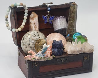 Large Treasure Chest | Handmade Crystal Gift Set | Orgonite Sphere | Labradorite Wand | Quartz Cluster | Fairy Decor | Witchy Gift