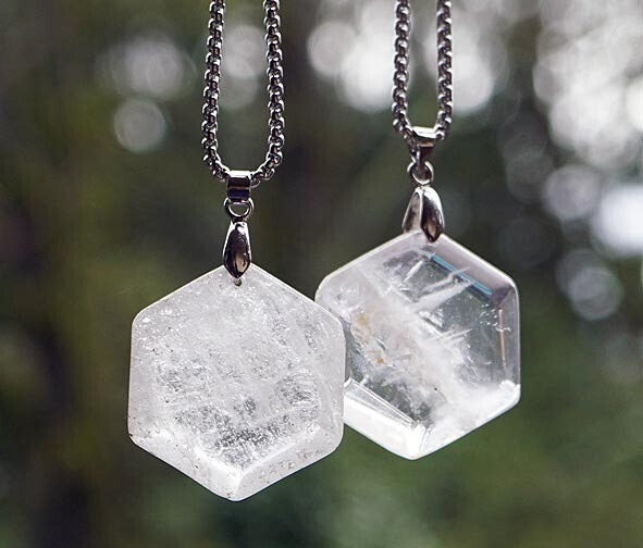 Clear Quartz Hexagon Pendants Stainless Steel Chain Necklaces