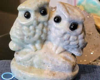 Twin Owls Lantian Jade Figurine Hand Carved Christmas Gift Him Her Brother Sister Best Friend Stocking Stuffers