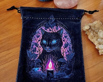 Black Cat Midnight Candle Keeper Drawstring Pouch 5x7 Tarot Cards Crystal Holder