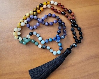 Chakra Prayer Beads 108 Mala Black Tassel 7 Chakras Wiccan Pagan Birthday Gift for Mom Sister Best Friend