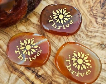 THRIVE Carnelian Engraved Palm Stone Gift for Survivalists Nature Lovers Inspirational Don't Just Survive - THRIVE!