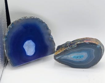 Set of 2 Agate Slice Paper Weights Blue and Teal Druzy Agate Paperweight Office Desk Teacher Executive