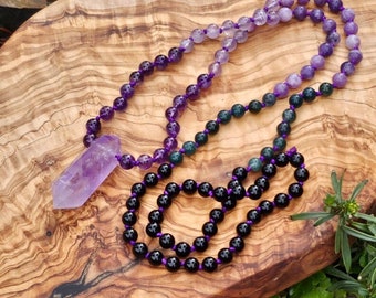 Amethyst Point Prayer Beads Hand knotted 108 Mala Lepidolite Moss Agate Obsidian Gift for Best Friend Mom Sister