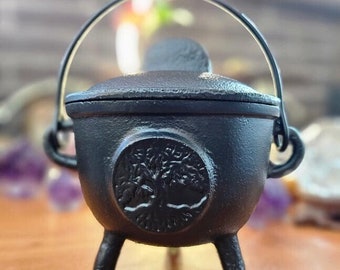 5" Cast Iron Cauldron w/ lid Tree of Life Wiccan Pagan Spells Herbs Incense Burner Halloween