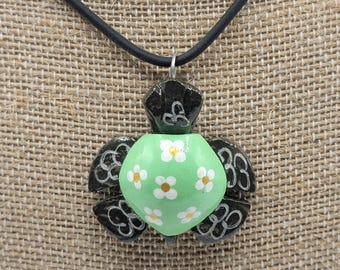 Turtle Marble Necklace Green Flower Super Comfortable Wildlife Pendant Gift for Mom Sister Best Friend