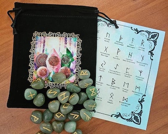Green Aventurine Runes with Chart, Birthday Gift for Mom, Crystal Lover, Rocks Minerals, Wiccan Pagan, Stocking Stuffers