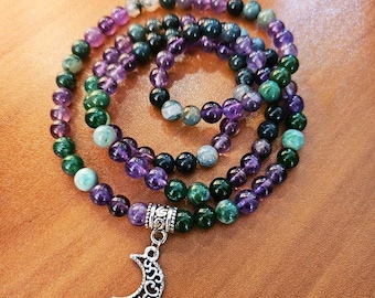 Moss Agate & Amethyst Prayer Beads with Moon Charm