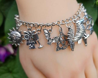 Silver Pagan Charm Bracelet Bats Sun Owls Birds Trees Christmas Gifts Stocking Stuffers Witches Wiccan Pagan