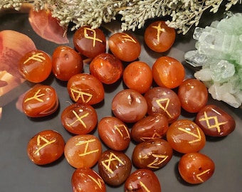 Hand-Engraved Carnelian Runes Set with Chart & Pouch
