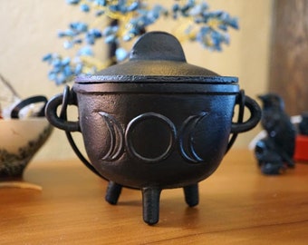 5" Cast Iron Cauldron w/ lid Triple Moon Wiccan Pagan Spells Herbs Incense Burner Halloween