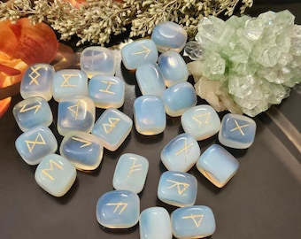Hand-Engraved Opalite Runes Set with Rune Chart