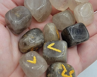 Smokey Quartz Runes Set of 25 Elder Futhark Natural Stone Crystals Chakra Reiki