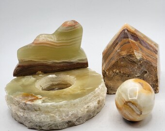 4pc Natural Onyx Gift Set Candle Holder Pyramid Egg Cloud Gift for Her Him Best Friend