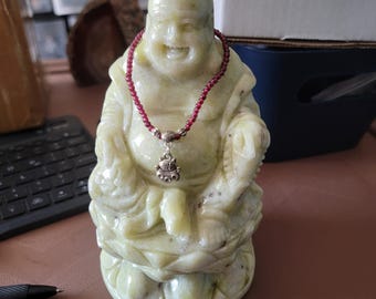 Jade Buddha Sculpture with Lucky Kitty Garnet Bracelet