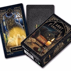 May include: Tarot Familiars deck box with a black cat on the front. The box is decorated with gold accents and the text "Tarot Familiars" is printed on the front.