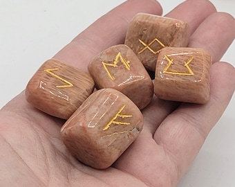 Peach Moonstone Runes Set of 25 Elder Futhark Natural Stone Crystals Chakra Reiki