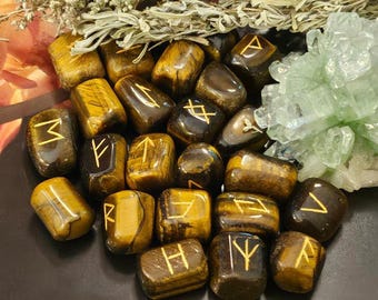 Tiger Eye Rune Stone Set with Chart, Wiccan Divination