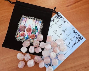 Rose Quartz Runes with Chart, Birthday Gift for Mom, Crystal Lover, Rocks Minerals, Wiccan Pagan, Stocking Stuffers