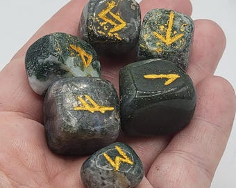 Moss Agate Runes Set of 25 Elder Futhark Natural Stone Crystals Chakra Reiki