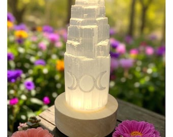 Selenite Tower Etched USB Triple Moon Tree of Life Light Bedside Lamp Bedroom Den Office Library