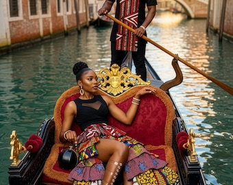 Luxe Afrikaanse stelletjesset | Dashiki-shirt voor heren en maxirok met split voor dames | Ankara patchwork trouwoutfit voor man en vrouw