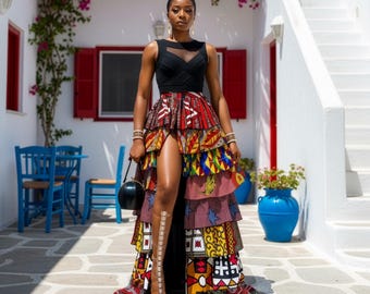 High Slit Ankara Patchwork Maxi Skirt in Vibrant Multicolor Print for Women’s Special Events