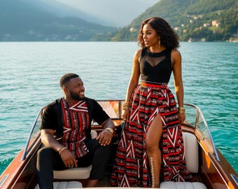 Luxe Afrikaanse stelletjesset | Dashiki-shirt voor heren en maxirok met split voor dames | Ankara patchwork trouwoutfit voor man en vrouw