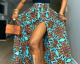Jupe longue Ankara, jupe taille haute en coton imprimé africain avec fente