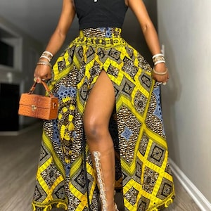 Jupe longue à imprimé africain avec fente pour fermeture à glissière, jupe longue froncée, jupe Ankara, jupe longue maxi / vêtements africains pour femmes / jupe d'été