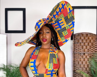 Oversized Ankara Sun Hat, Wide Brim Kente Print Beach Hat