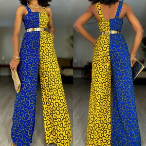 Multipattern Patch African Print jumpsuit, Ankara Jumpsuit, Jumpsuit, Jumpsuits for Women, African Fall Fashion, African Women Clothing Blue and Yellow